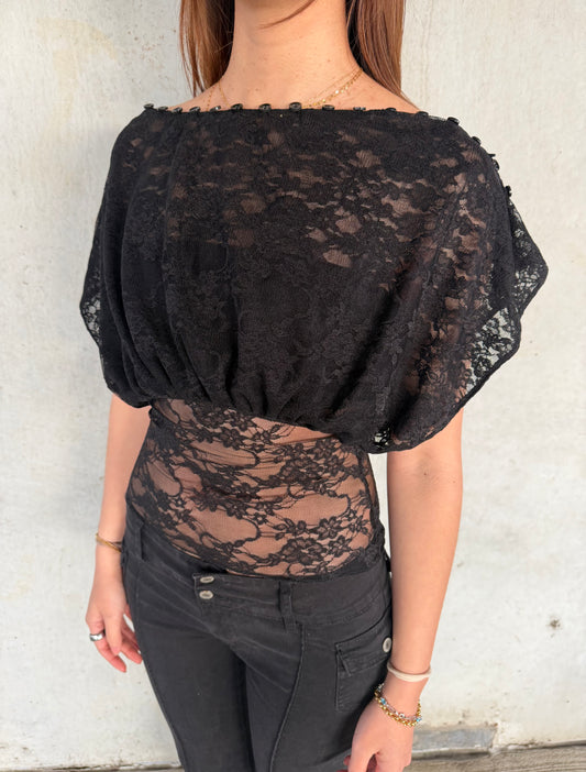 Cai Button Top - Onyx Lace